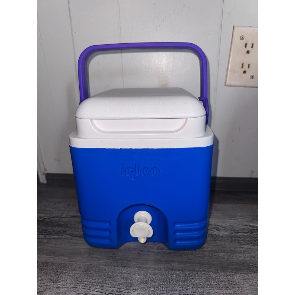 Vintage Igloo Water Jug Cooler Blue White Purple Handle Spigot Made in USA